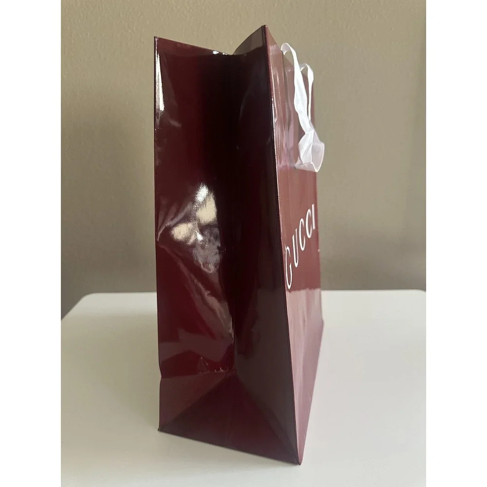 Gucci Store Shopping Gift Bag Burgundy Glossy Paper‎ Large White Ribbon Handles